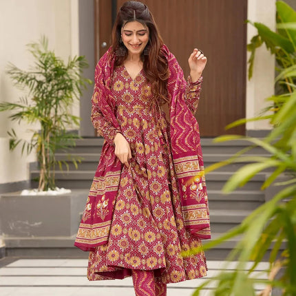 Sonakshi Women's Maharani Maslin Digital Print Full Round Flair Anarkali Gown Set With Dupatta