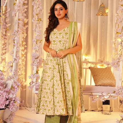 Sonakshi Women's Green Maslin Digital Print Full Round Flair Anarkali Gown Set With Dupatta