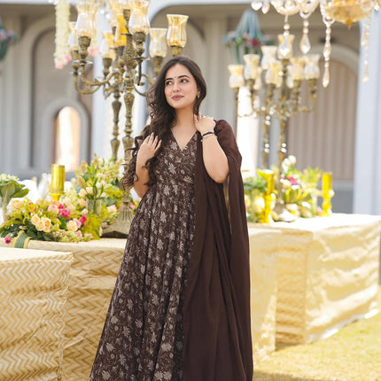 Sonakshi Women's Coffie Maslin Digital Print Full Round Flair Anarkali Gown Set With Dupatta