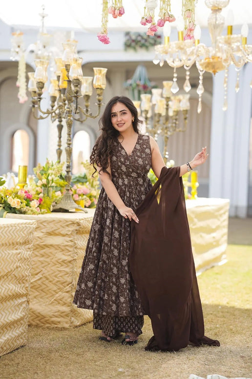 Sonakshi Women's Coffie Maslin Digital Print Full Round Flair Anarkali Gown Set With Dupatta