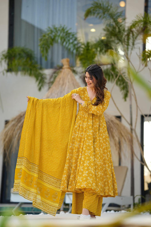 Sonakshi Women's Yellow Maslin Digital Print Full Round Flair Anarkali Gown Set With Dupatta