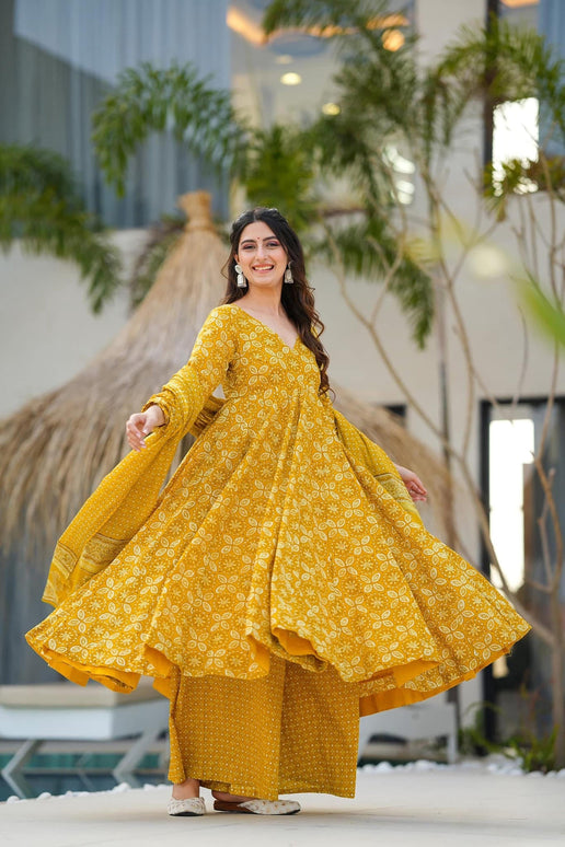Sonakshi Women's Yellow Maslin Digital Print Full Round Flair Anarkali Gown Set With Dupatta