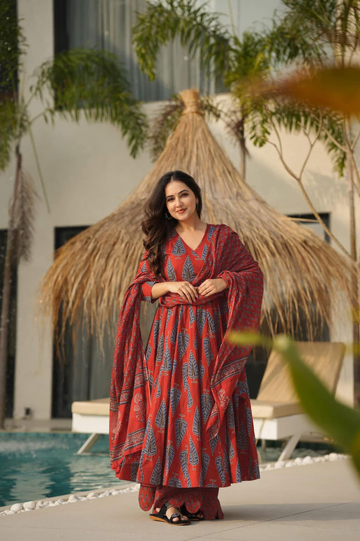 Sonakshi Women's Marron Maslin Digital Print Full Round Flair Anarkali Gown Set With Dupatta