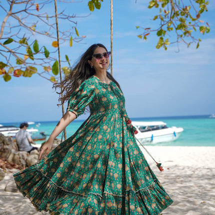 Sonakshi Women's Green Rayon Digital Print Full Round Flair Anarkali Gown Set