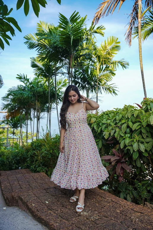 Sonakshi Women's Cream Rayon Digital Print Full Round Flair Anarkali Gown Set