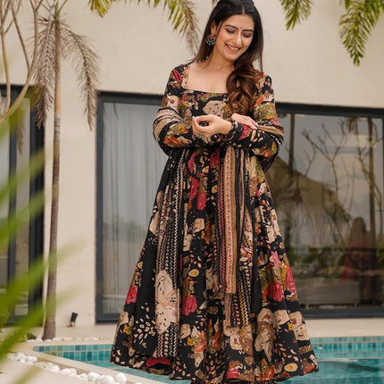 Sonakshi Women's Black Mal cottan Digital Print Full Round Flair Anarkali Gown Set With Dupatta