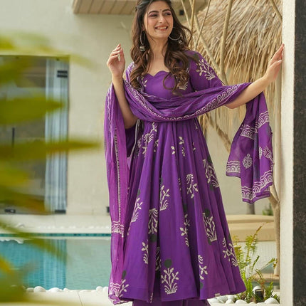 Sonakshi Women's Purple Mal cottan Digital Print Full Round Flair Anarkali Gown Set With Dupatta