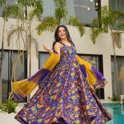 Sonakshi Women's Purple Silk Digital Print Full Round Flair Anarkali Gown Set With Dupatta