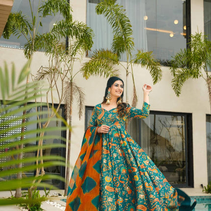 Sonakshi Women's Green Silk Digital Print Full Round Flair Anarkali Gown Set With Dupatta