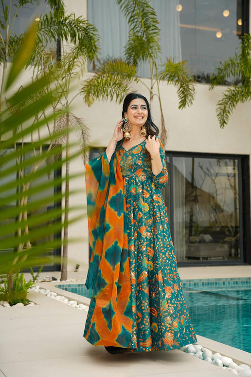 Sonakshi Women's Green Silk Digital Print Full Round Flair Anarkali Gown Set With Dupatta