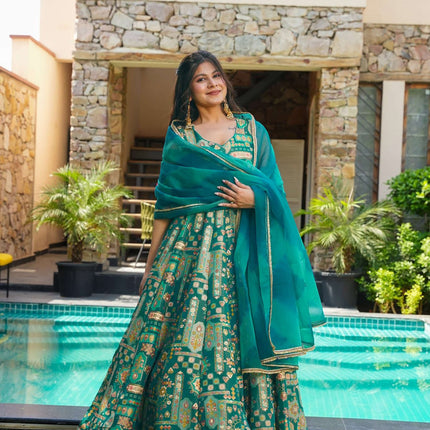 Sonakshi Women's Green Silk Digital Print Full Round Flair Anarkali Gown Set With Dupatta