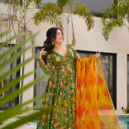 Sonakshi Women's Mehendi Silk Digital Print Full Round Flair Anarkali Gown Set With Dupatta