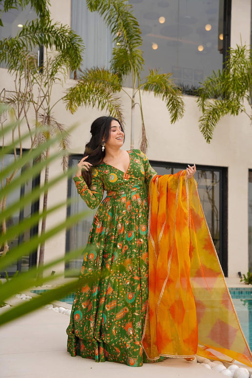 Sonakshi Women's Mehendi Silk Digital Print Full Round Flair Anarkali Gown Set With Dupatta