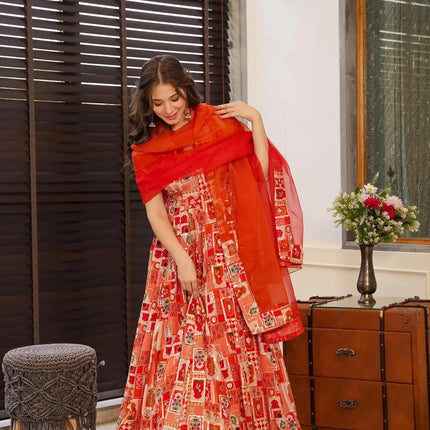 Sonakshi Women's Red Silk Digital Print Full Round Flair Anarkali Gown Set With Dupatta
