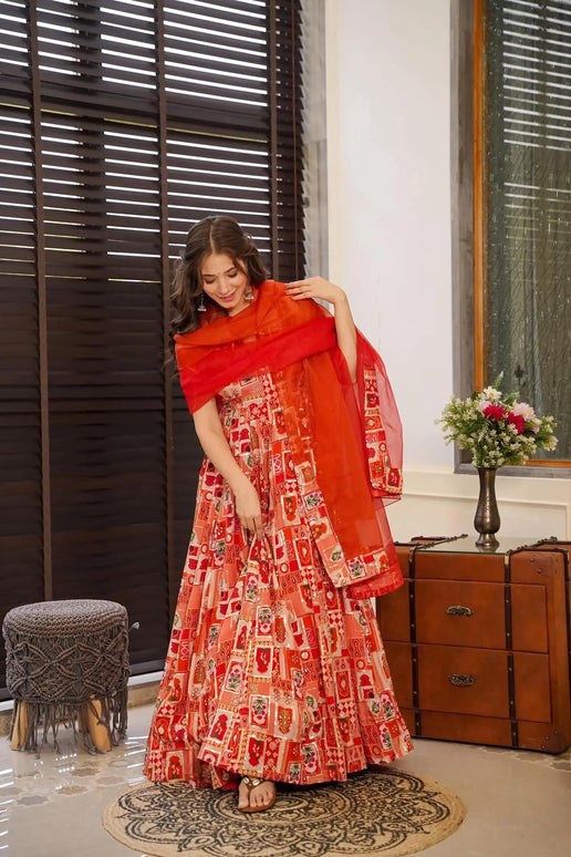 Sonakshi Women's Red Silk Digital Print Full Round Flair Anarkali Gown Set With Dupatta