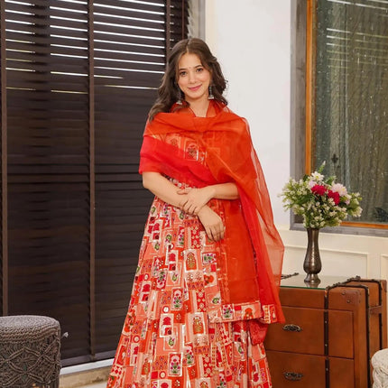 Sonakshi Women's Red Silk Digital Print Full Round Flair Anarkali Gown Set With Dupatta