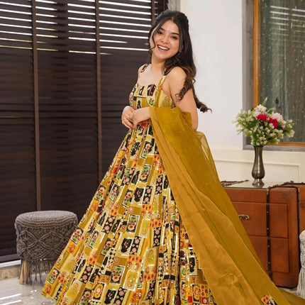 Sonakshi Women's Yellow Silk Digital Print Full Round Flair Anarkali Gown Set With Dupatta
