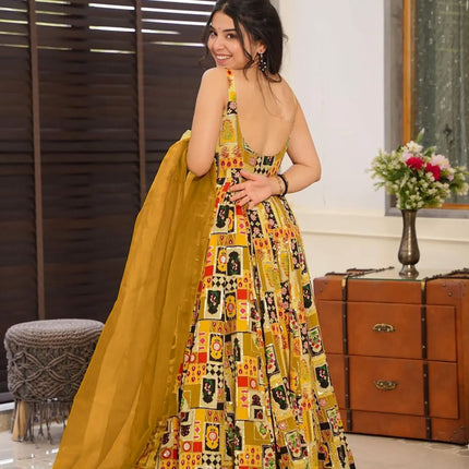 Sonakshi Women's Yellow Silk Digital Print Full Round Flair Anarkali Gown Set With Dupatta