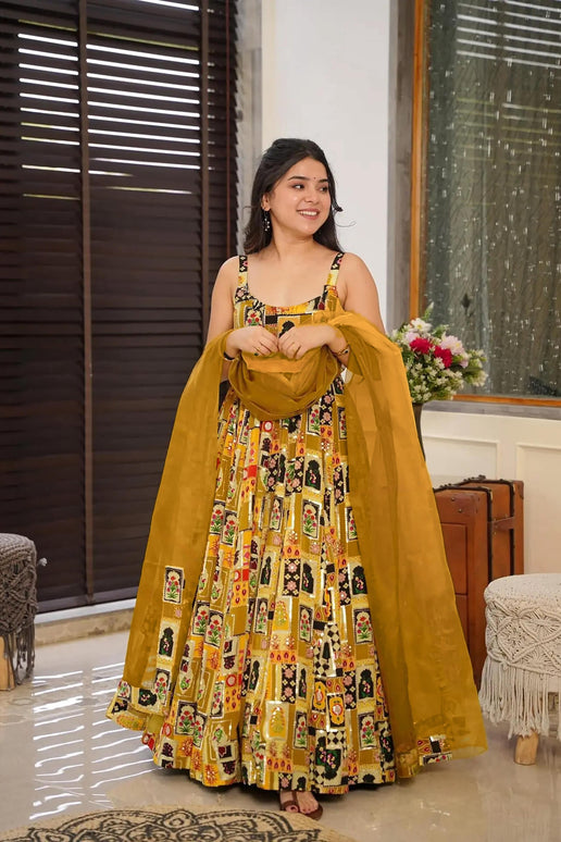 Sonakshi Women's Yellow Silk Digital Print Full Round Flair Anarkali Gown Set With Dupatta