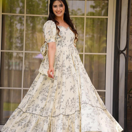 Sonakshi Women's Cream Rayon Digital Print Full Round Flair Anarkali Gown Set