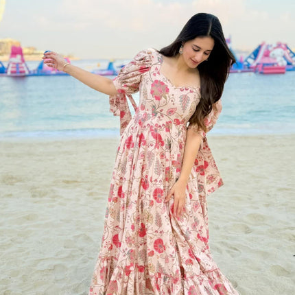 Sonakshi Women's Pink Rayon Digital Print Full Round Flair Anarkali Gown Set