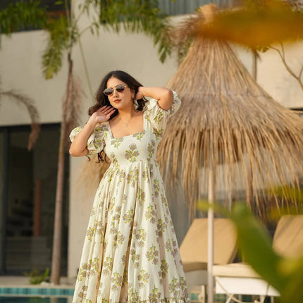 Sonakshi Women's Offwhite Rayon Digital Print Full Round Flair Anarkali Gown Set