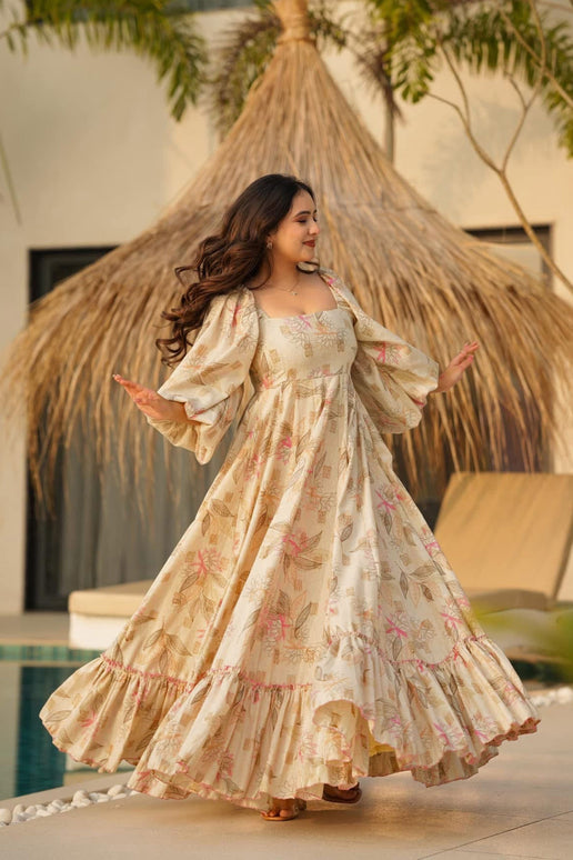 Sonakshi Women's Offwhite Rayon Digital Print Full Round Flair Anarkali Gown Set