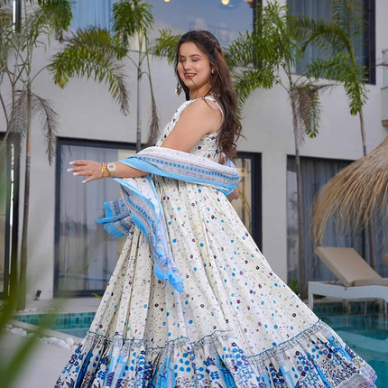 Sonakshi Women's white Rayon Digital Print Full Round Flair Anarkali Gown Set