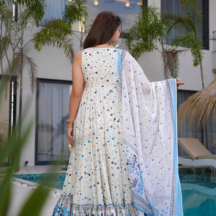 Sonakshi Women's white Rayon Digital Print Full Round Flair Anarkali Gown Set