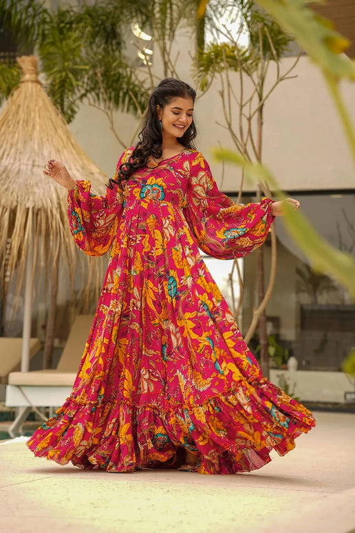 Sonakshi Women's Red Rayon Digital Print Full Round Flair Anarkali Gown Set