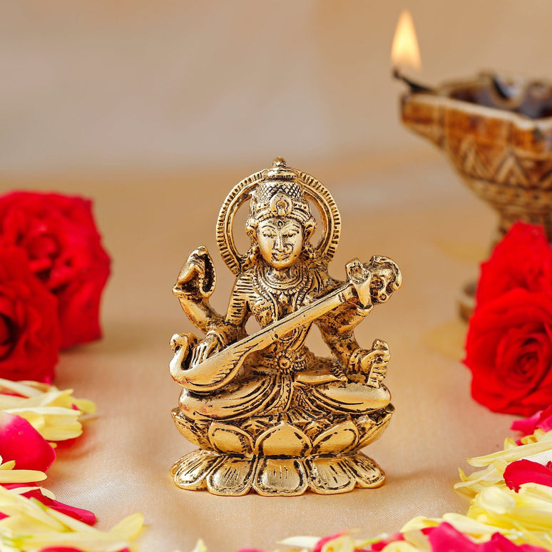 Estele Gold-Polished Goddess of Knowledge Sarasavti Ma Idol for Home & Car decor