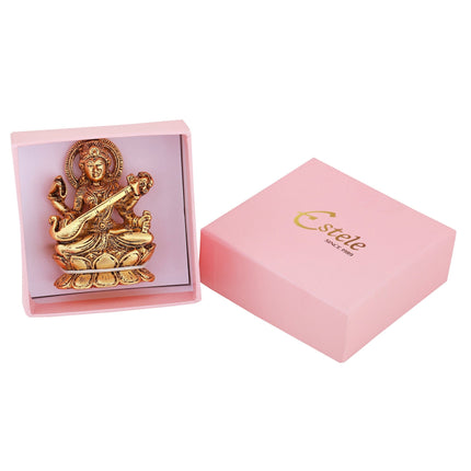 Estele Gold-Polished Goddess of Knowledge Sarasavti Ma Idol for Home & Car decor