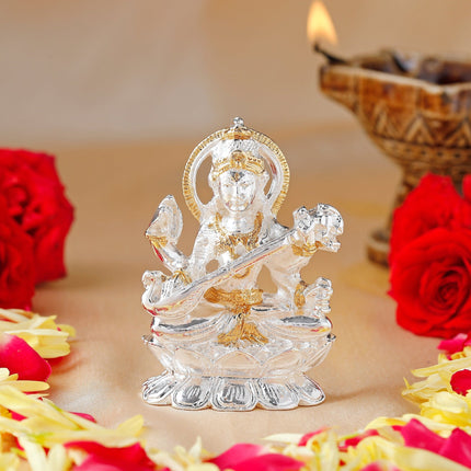 Estele Gold-Polished Goddess of Knowledge Sarasavti Ma Idol for Pooja & Car decor