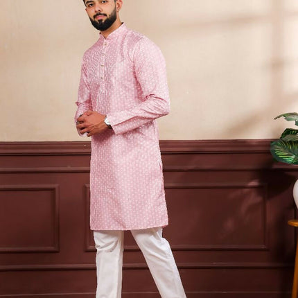 Pink Art Silk Digital Printed, Embroidery Work Kurta Set - Mahotsav