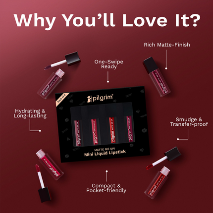 Pilgrim Matte Mini Liquid Lipstick 4 In 1 Pack Smudgeproof, Hydrating & Lightweight - Bold Mistress