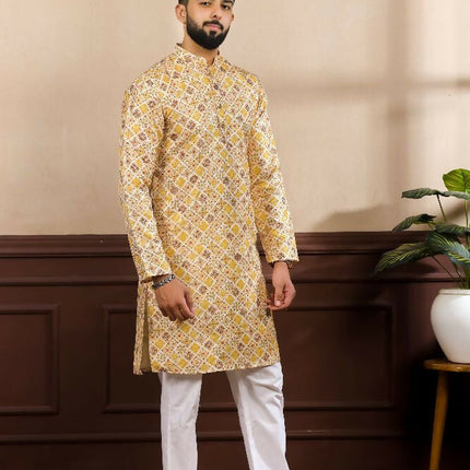 Mustard Art Silk Digital Printed, Embroidery Work Kurta Set - Mahotsav