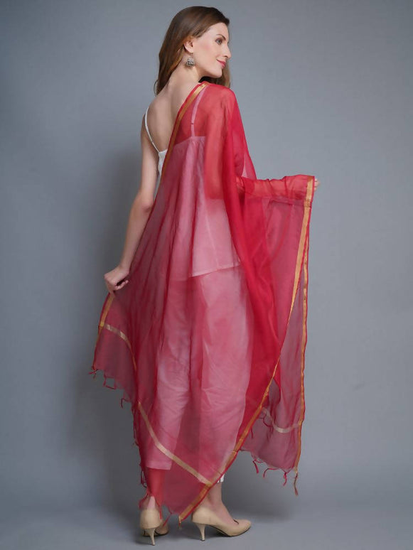 Shehnaai Chanderi Silk Dupatta Red Colour With A Golden Woven Border