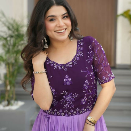 Aastha Fashion Purple Faux Blooming Embroidered work and Rich Floral Pedding Digital Print Party Wear Designer Gown