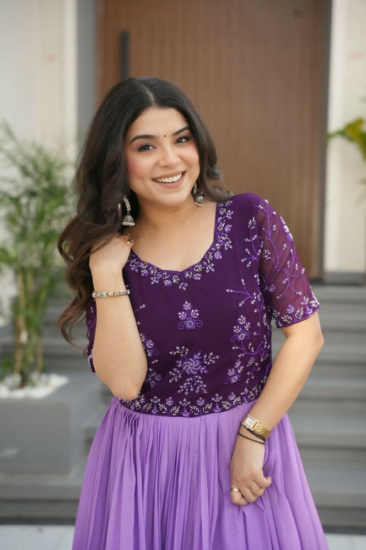 Aastha Fashion Purple Faux Blooming Embroidered work and Rich Floral Pedding Digital Print Party Wear Designer Gown