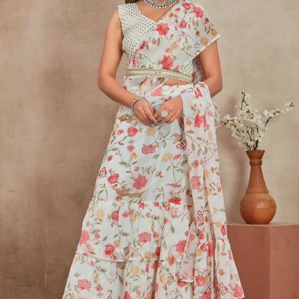 Aastha Fashion Off White Heavy Georgette Heavy Digital Print Semi Stitched Wedding Wear Lehenga Choli