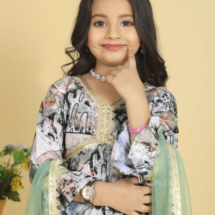 Divine Drape Girls Roman Slub Grey Printed Straight Kids Kurta Pant With Dupatta
