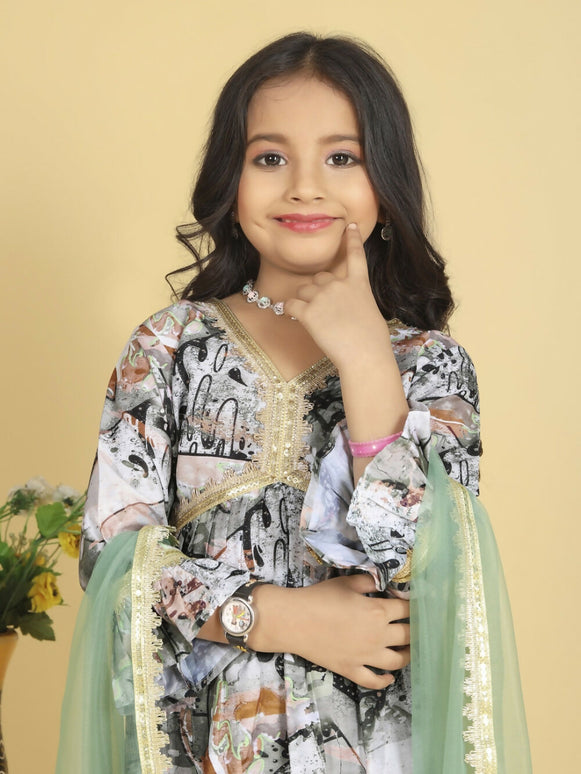 Divine Drape Girls Roman Slub Grey Printed Straight Kids Kurta Pant With Dupatta