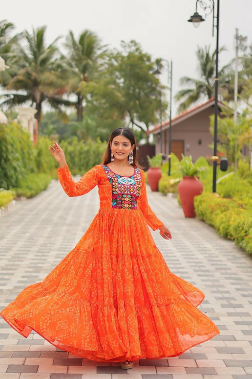 Aastha Fashion Orange Faux Georgette Navratri Designer Gown Collection