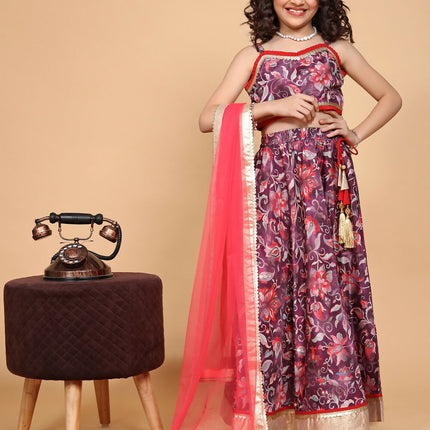 Divine Drape Girls Chinon Purple Printed Kids Lehenga Choli With Dupatta