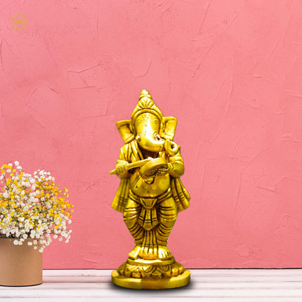 Ganesha Playing Gong Bell Brass Idol - Embrace Prosperity and Joy in Your Home