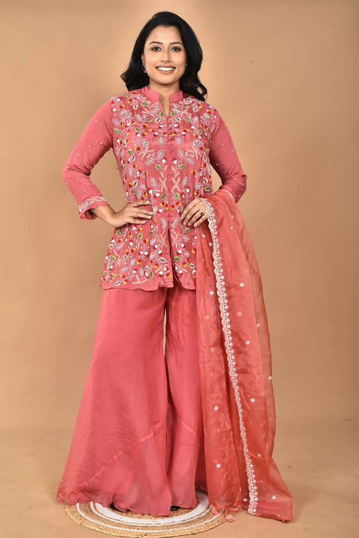Morchari Women And Hand Embroidery Palazzo Set-Rust