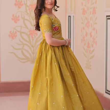 Aastha Fashion Yellow Gold Crush Multi Thread Embroidery Zari Sequins-Work Party Wear Designer Gown