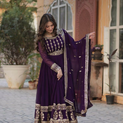 Aastha Fashion Purple Faux Blooming Embroidery Zari Sequins-work Party Wear Designer Gown