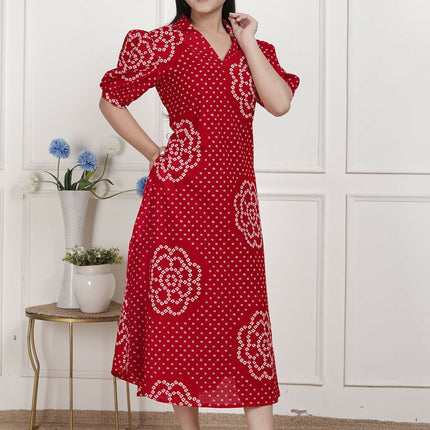 Miravan Womens Red Bandhani Printed Collar Neck Maxi Dress
