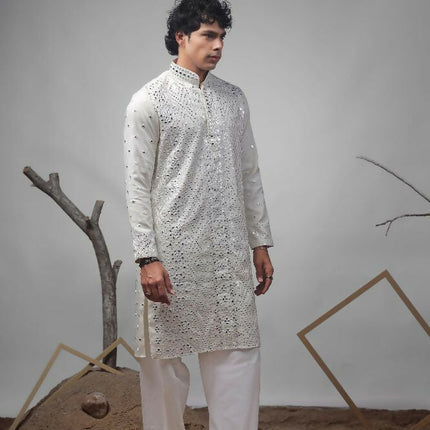 Off White Viscose Heavy Embroidery Work Kurta Set - Mahotsav